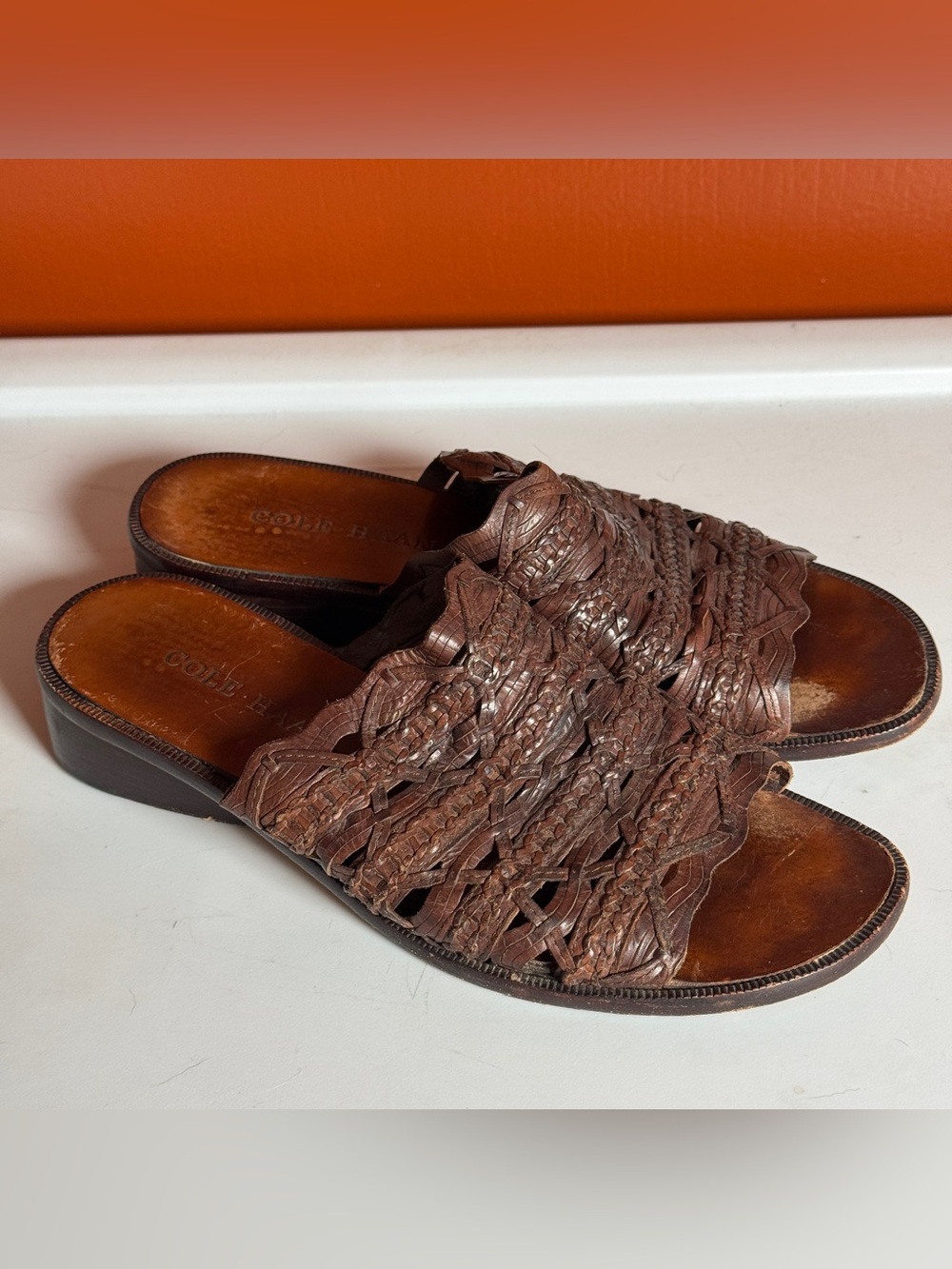 Cole Haan Woven Brown Leather Slip On Sandals Open Toe Boho Lagenlook Chic 8B